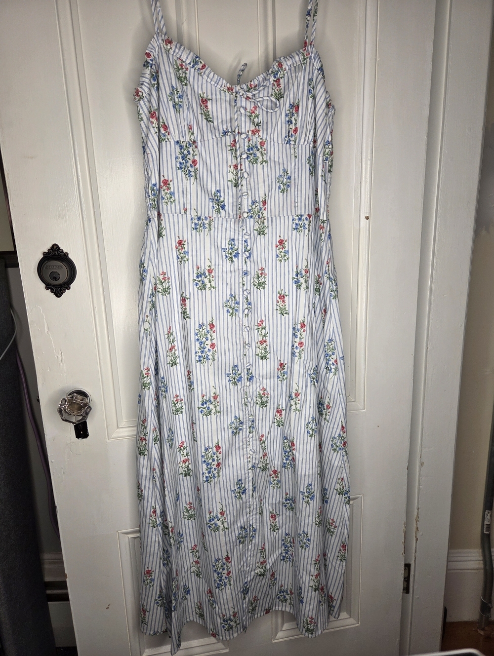 Lush White Maxi Dress with Blue Stripe and Floral Print